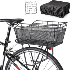 Rear Bike Basket – Large Bicycle Rear Basket with Cargo Net and Waterproof Cover, Wire Bike Baskets Rear Large Capacity (NO Bike Rack Include)