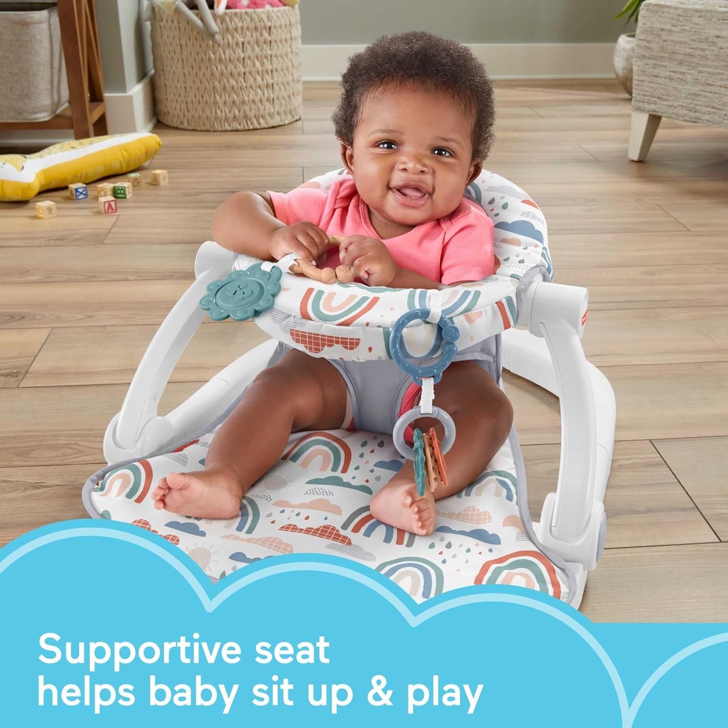 Fisher-Price Portable Baby Chair Sit-Me-Up Floor Seat with Developmental Toys & Machine Washable Seat Pad, Rainbow Showers - Image 2