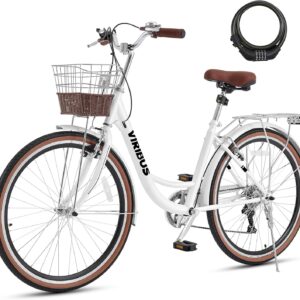 VIRIBUS Womens Cruiser Bike, 7 Speed Beach Cruiser Bike for Women, 26 inch Women Bicycle with Rattan Basket, City Commuter Vintage Retro Step Through Bicycle for Female Ladies Seniors, 330 Lb.
