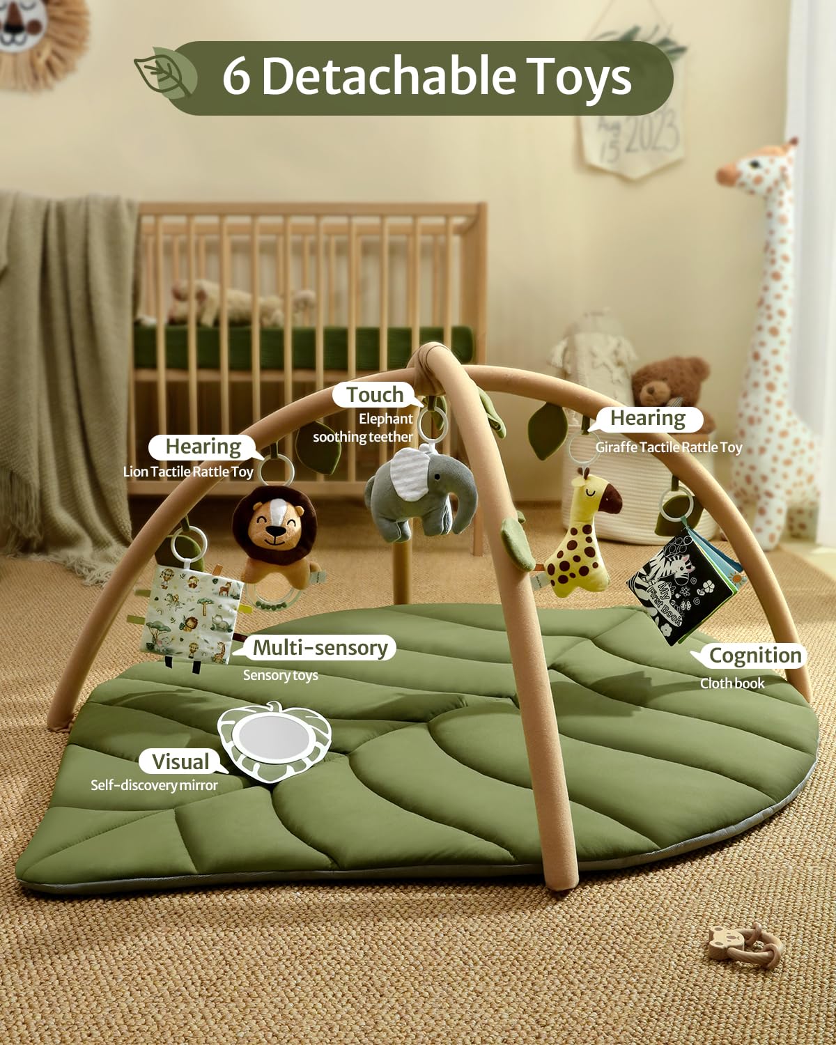 Blissful Diary Baby Play Gym & Activity Mat, Oversize Leaf Shaped Baby Play Mat w 6 Detachable Toys, Tummy Time Mat Promote Motor Skills & Sensory Development Mat, Newborn Infant Baby Essentials Gift - Image 3