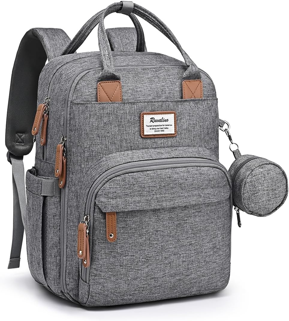 RUVALINO Diaper Bag Backpack-Multifunction Travel Baby Diaper Bag with Changing Pad, Insulated Bottle Holders & Pacifier Case, Large Capacity, Waterproof, Gray