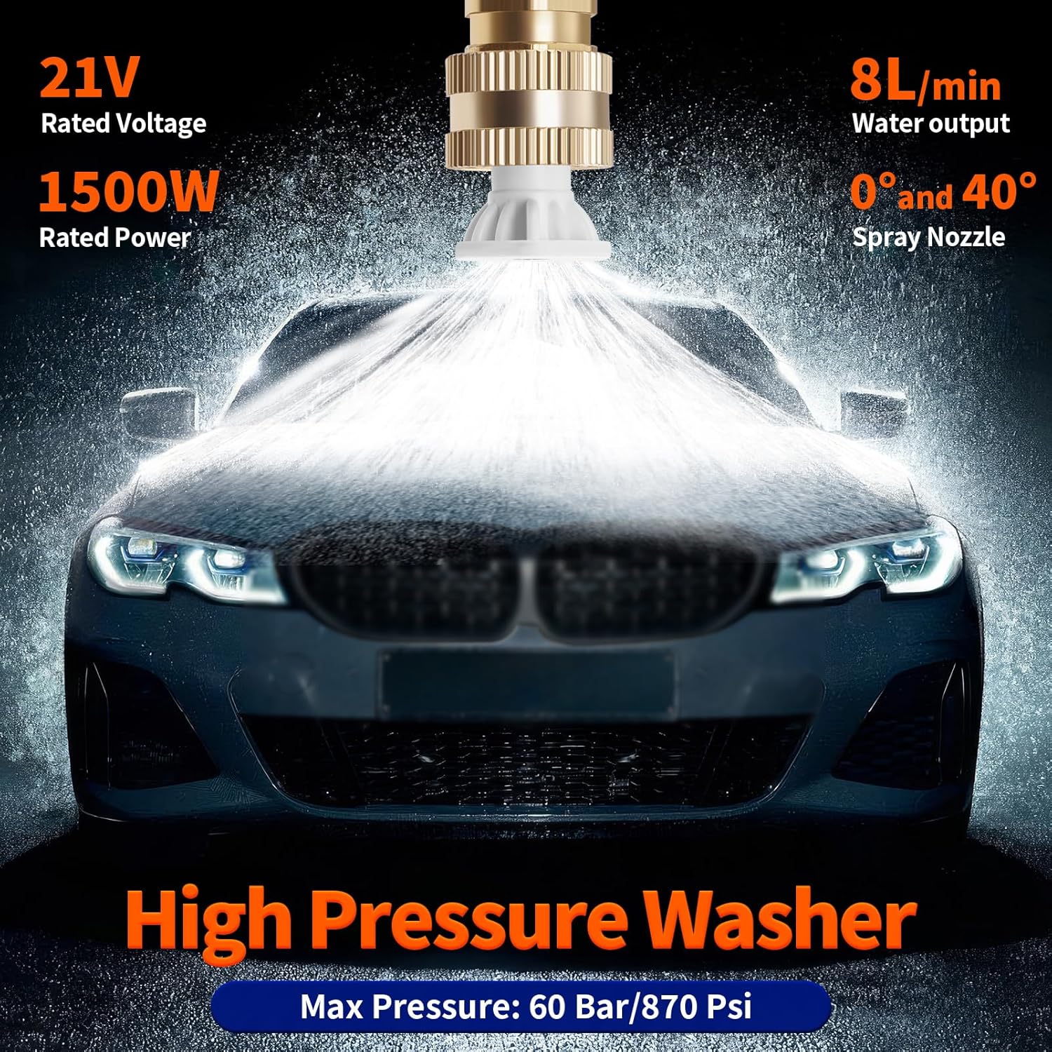 Cordless Pressure Washer, 1500W Portable Power Washer, Rechargeable Battery Pressure Washer with 5M Hose & 3 Nozzles, Electric Pressure Washers for Car Patio Garden Cleaning Watering - Image 2