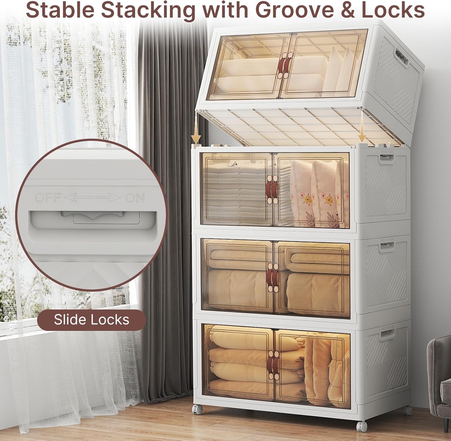 UAMFURI Stackable Storage Bins with Lids, 720QT Closet Organizers and Storage with Doors and Wheels, Extra Large Storage Cabinet, Collapsible Plastic Drawers for Bedroom Dorm Office Garage - Image 5