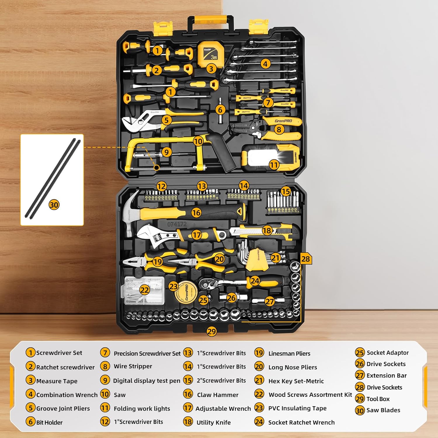 GRENPRO 218 Piece Tool Kit for Home, Tool Box with General Household Hand Tools Set, Herramientas with Screwdrivers, Wrenches, Hammer, Bow Saw, Folding Work Lamp, Electric Pen and Other Basic Tool Kit - Image 2