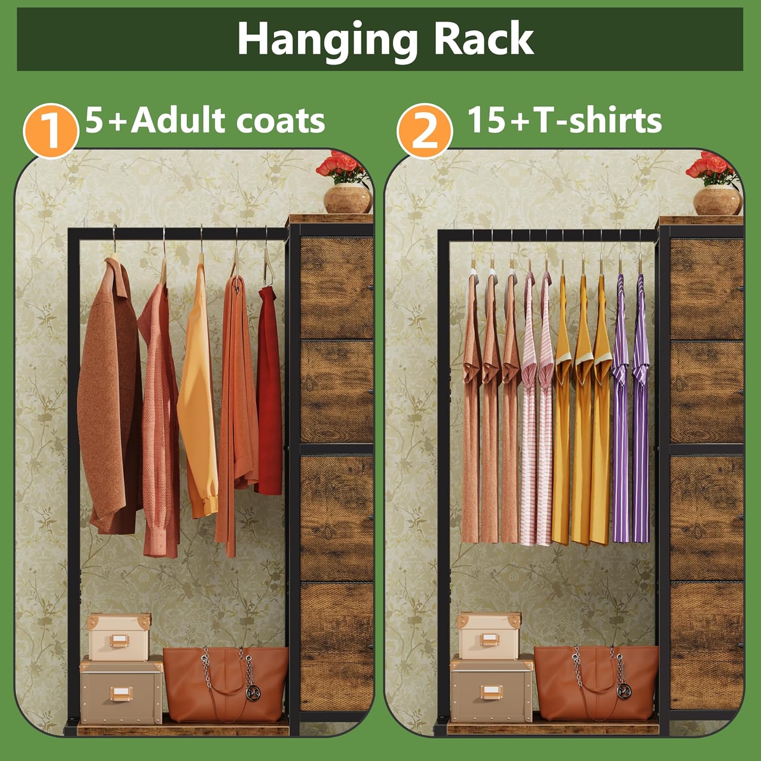 HIGDBFE Dresser with Hanging Rack, 4 Drawers Small Closet for Bedroom, Reversible Fabric Kids Chest of Drawers with Clothes Rack, Tall Storage Tower, Sturdy Frame, Rustic Brown, 44''H - Image 5