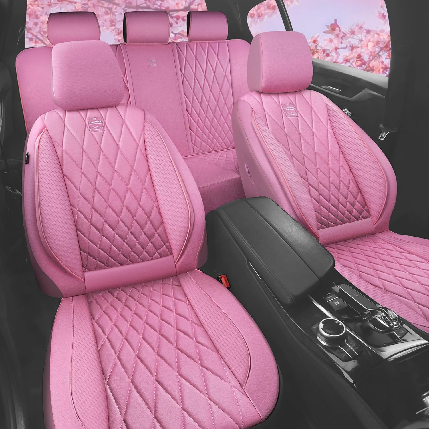 CAR PASS 5 Seats Piping Luxury Leather Seat Covers Full Set, Anti-Slip Waterproof Seat Covers Compatible with Front Armrests, Universal Fit for Suvs,Vans,Trucks,Airbag Compatible, Pure Pink - Image 7