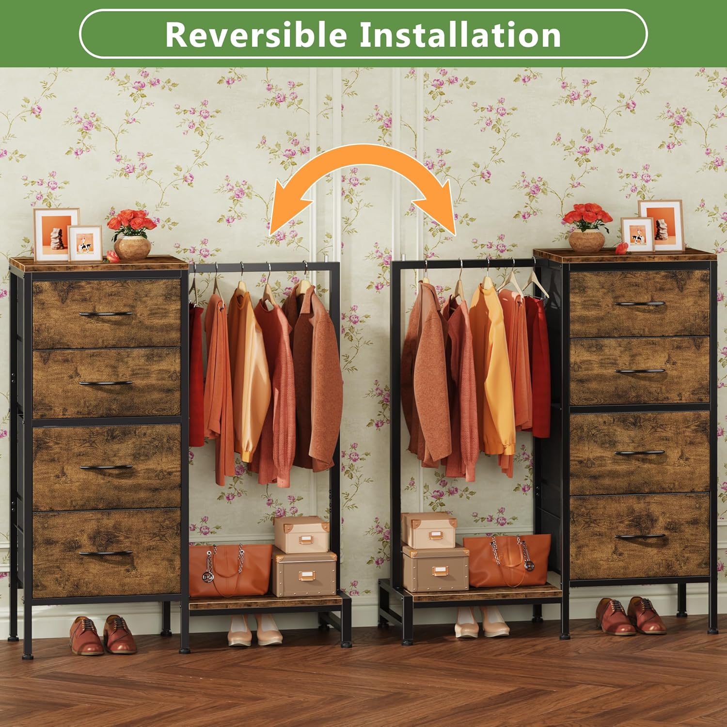 HIGDBFE Dresser with Hanging Rack, 4 Drawers Small Closet for Bedroom, Reversible Fabric Kids Chest of Drawers with Clothes Rack, Tall Storage Tower, Sturdy Frame, Rustic Brown, 44''H - Image 6