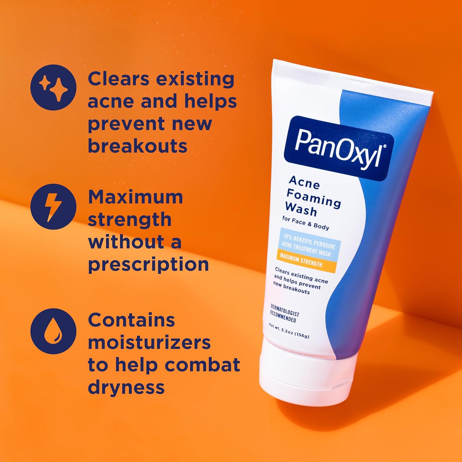 PanOxyl 10% Benzoyl Peroxide Acne Foaming Wash, Maximum Strength, Daily Acne-Fighting Face and Body Cleanser, Face Wash to Clear, Treat and Prevent Acne Pimples and Stubborn Breakouts, 5.5 Oz Tube - Image 2