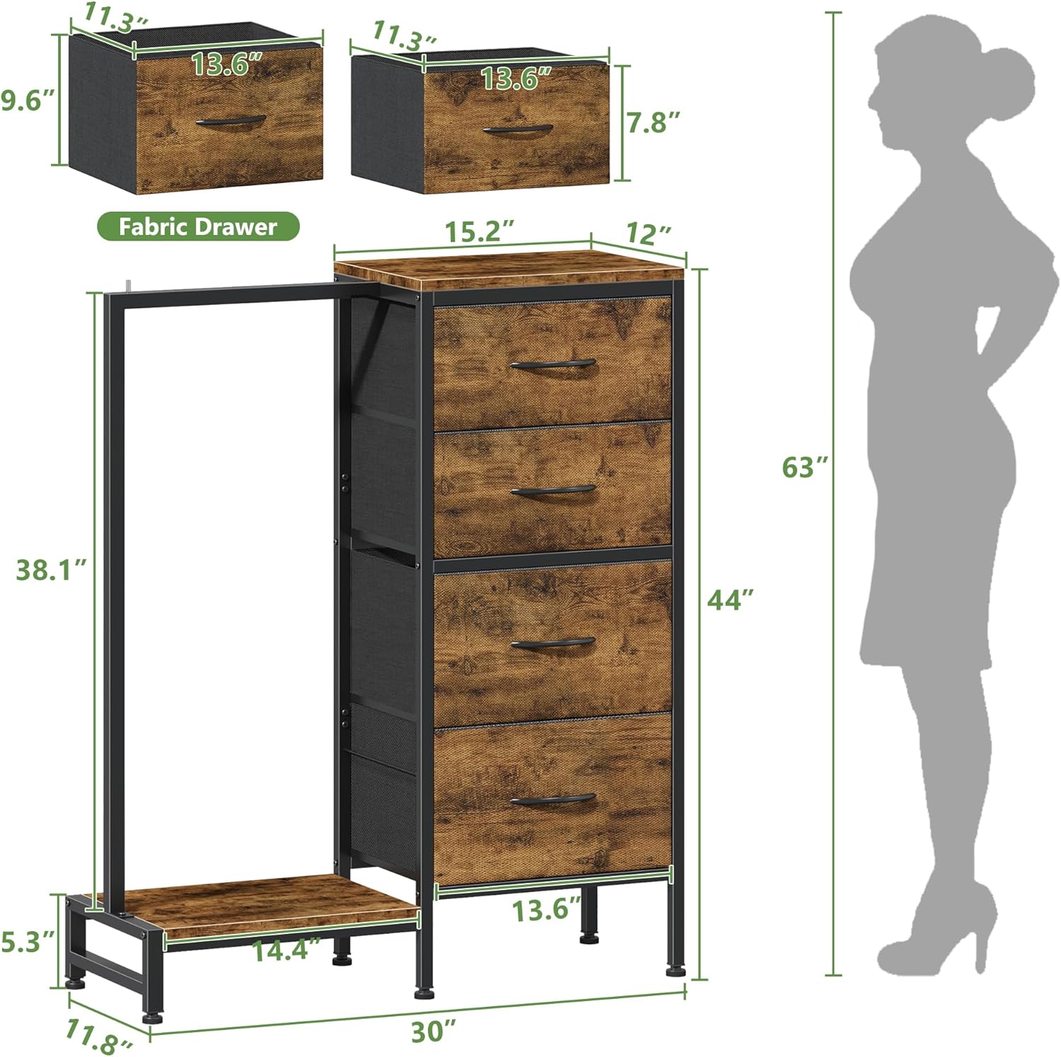 HIGDBFE Dresser with Hanging Rack, 4 Drawers Small Closet for Bedroom, Reversible Fabric Kids Chest of Drawers with Clothes Rack, Tall Storage Tower, Sturdy Frame, Rustic Brown, 44''H - Image 3