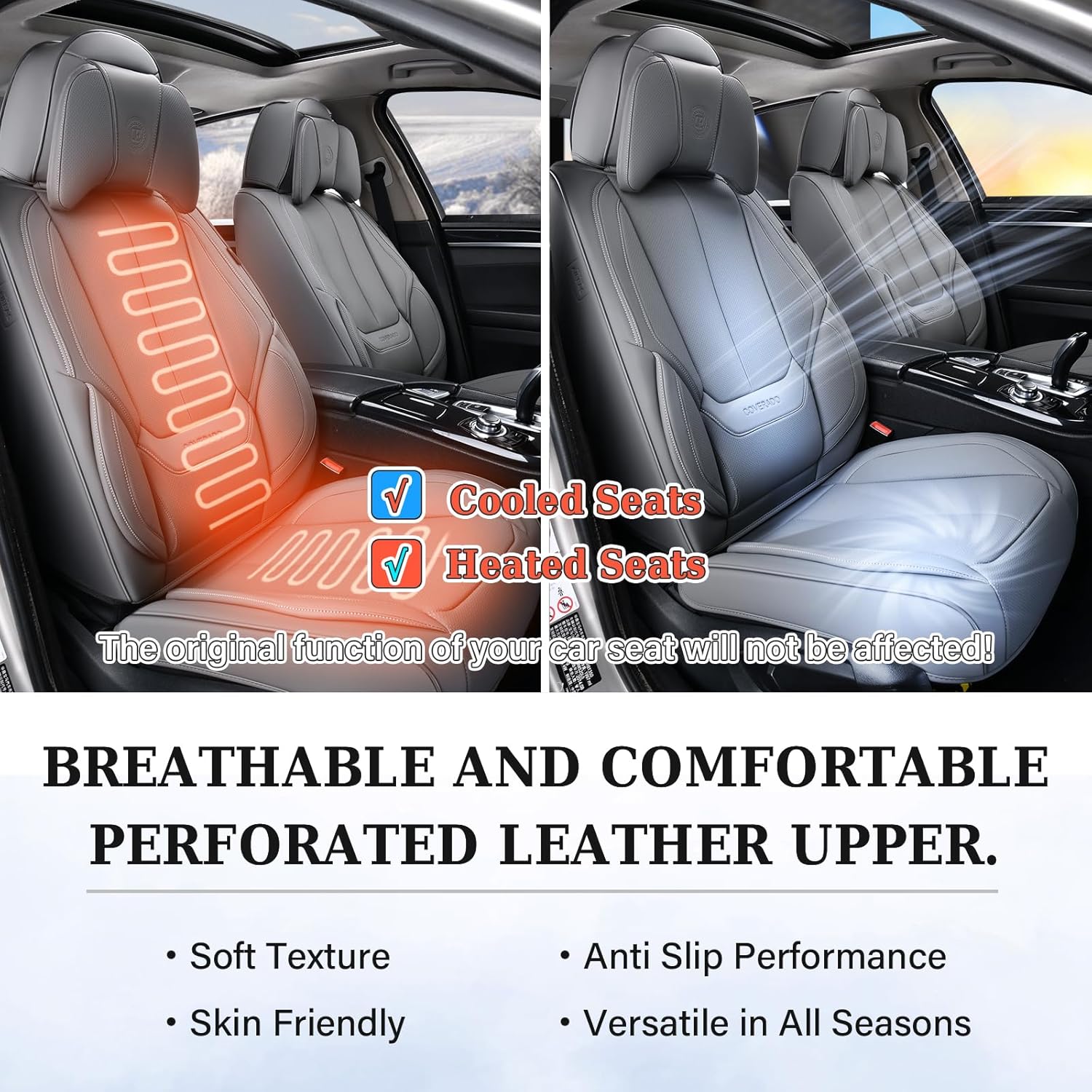 Coverado Universal Seat Covers Full Set, 5 Seats Universal Seat Covers for Cars, Waterproof Nappa Leather Car Seat Covers with Head Pillow, Auto Protectors Fit for Most Sedans SUV Pick-up Truck-Gray - Image 7
