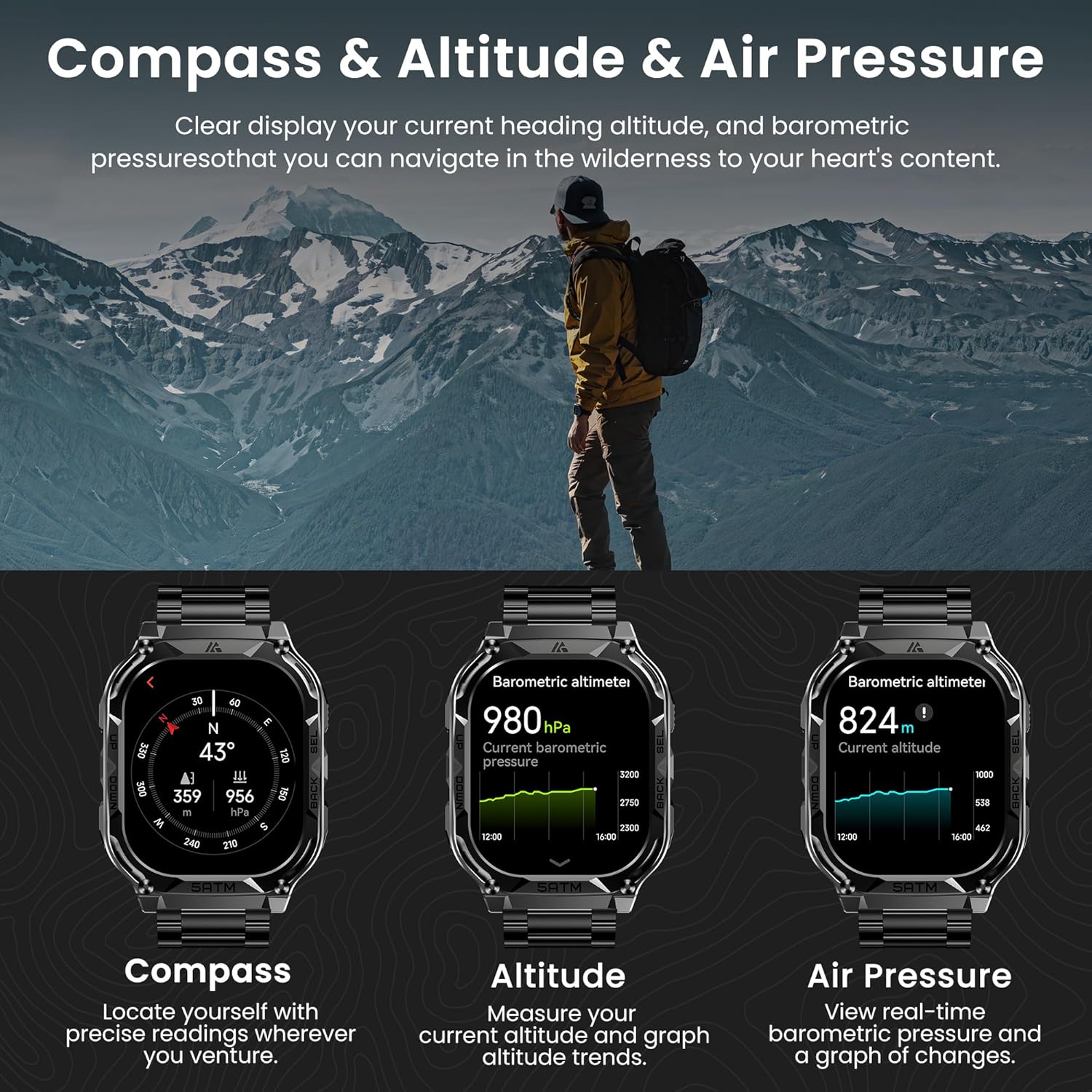 AMAZTIM GPS Smart Watches for Men, 1.96" AMOLED Large Screen, Rugged Stainless Steel Body, 50M Waterproof, Answer/Make Call, Heart Rate Monitor/Sleep Tracking, Android & iOS Compatible, Black, M3E - Image 7