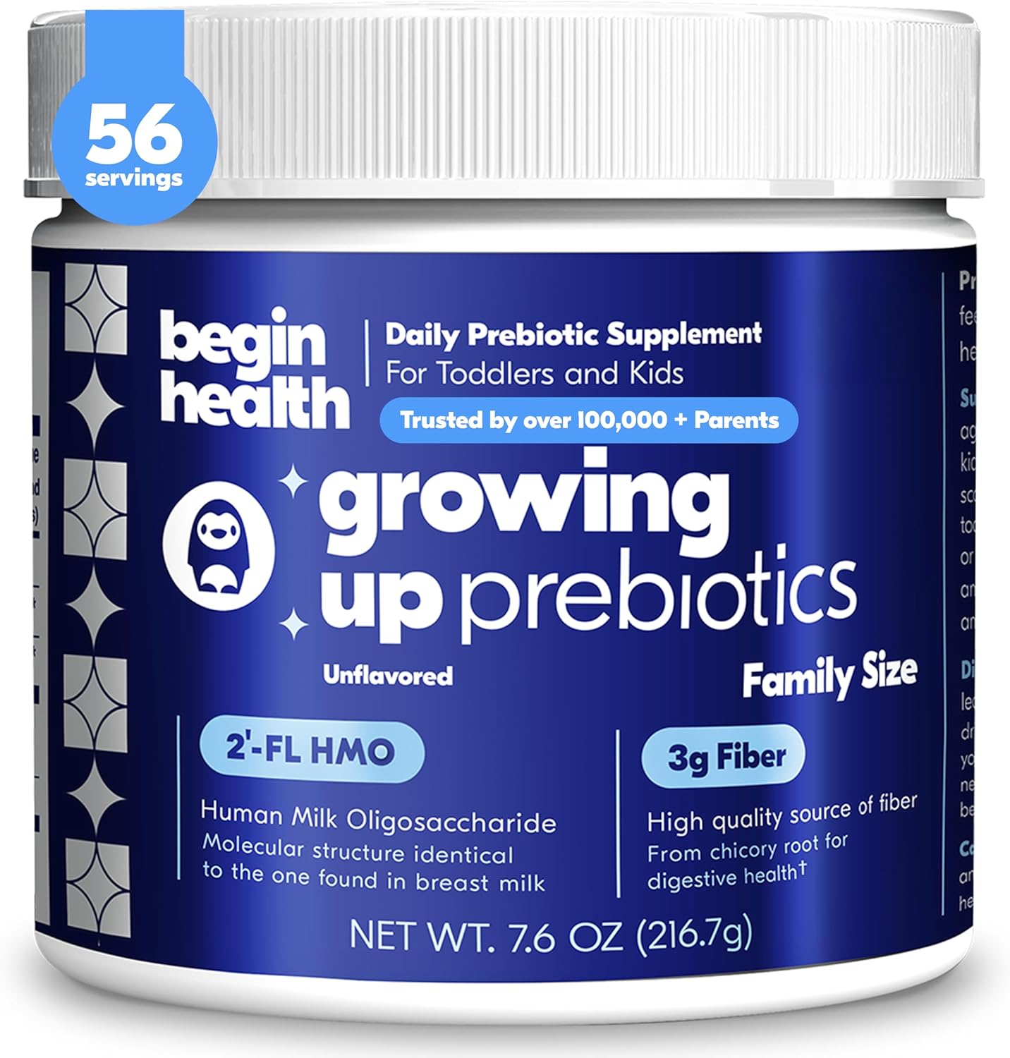 Begin Health Growing Up Prebiotics for Kids | Daily Prebiotic Fiber Supplement with 2'-FL HMO | Supports Regularity & Gut Health | Unflavored Powder | Ages 1+ | 56 Servings