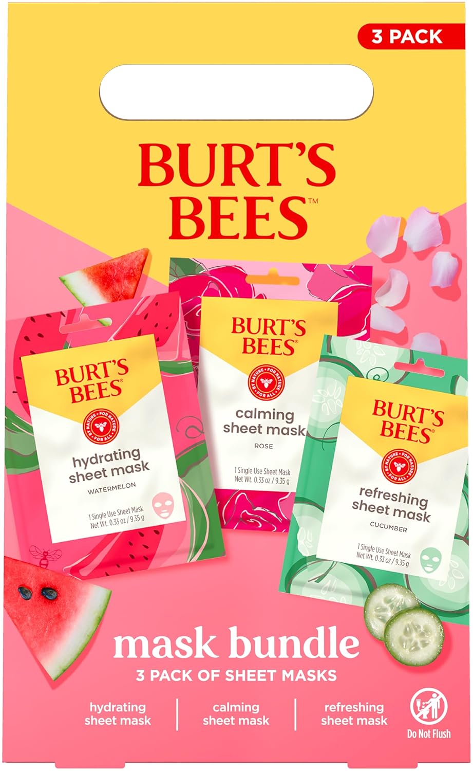Burt's Bees Mothers Day Gifts, Face Mask Bundle Set, Hydrating Watermelon, Calming Rose, & Refreshing Cucumber, Face Sheet Masks for Single Use Skin Care, 99% Natural Origin, 3 Count, 0.33oz Each - Image 5
