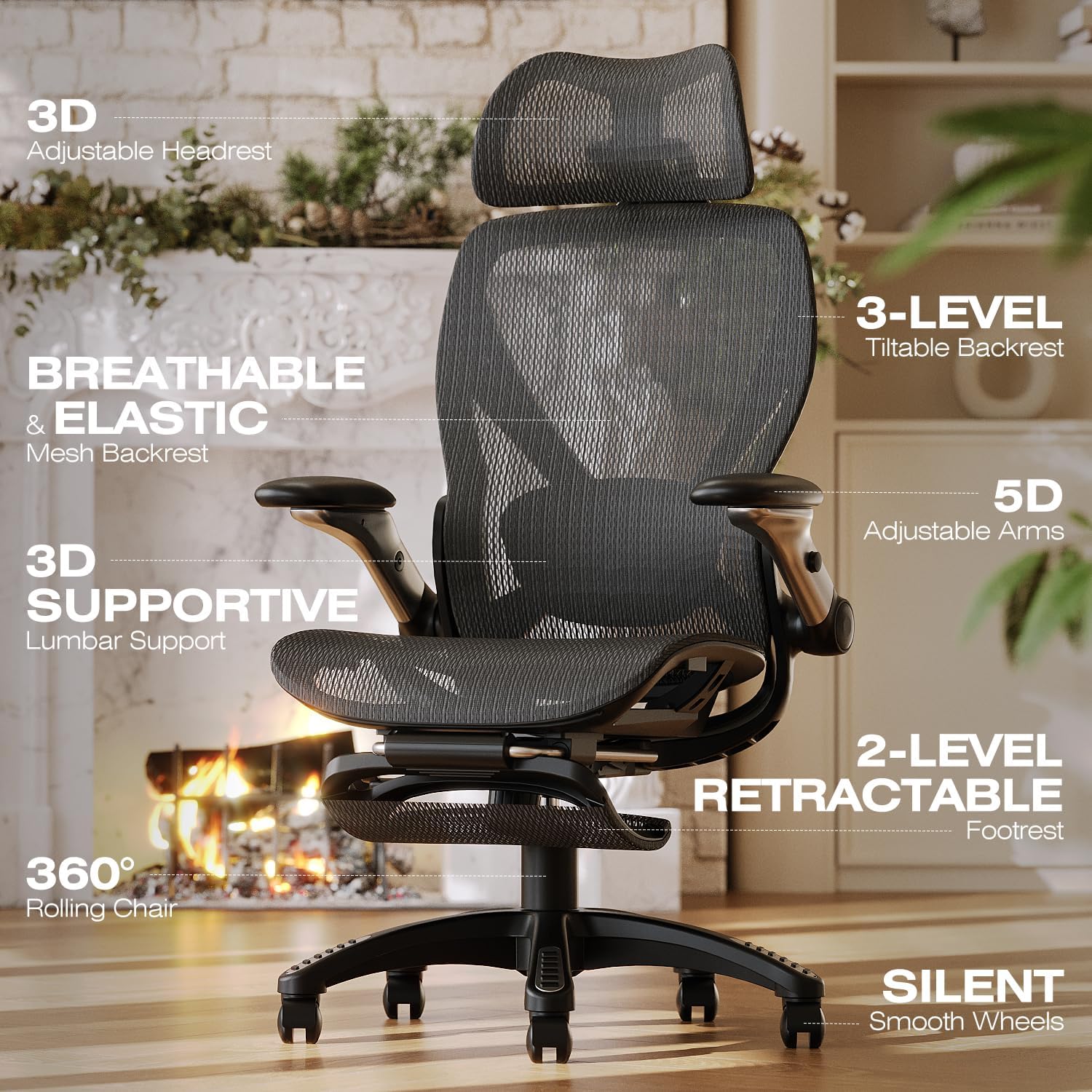 ELABEST X100 Ergonomic Mesh Office Chair with Footrest, Big and Tall Hone Desk Chair with 5D Flip-Up Arms, Adjustable 3D Lumbar Support,Gaming & Executive Computer Chairs - Image 3