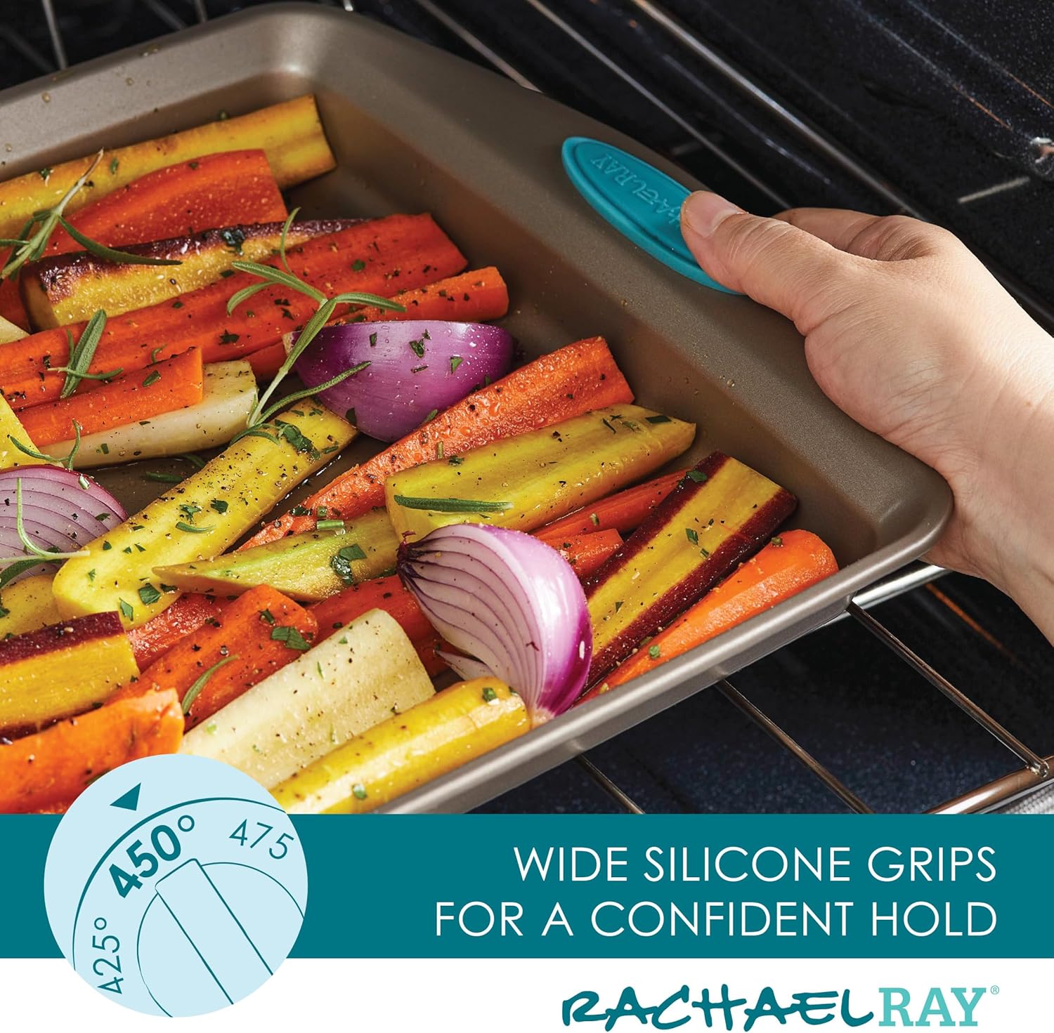 Rachael Ray 47578 Cucina Nonstick Bakeware Set with Grips Includes Nonstick Bread Pan, Baking Sheet, Cookie Sheet, Baking Pans, Cake Pan and Muffin Pan - 10 Piece, Latte Brown with Agave Blue Grips - Image 4
