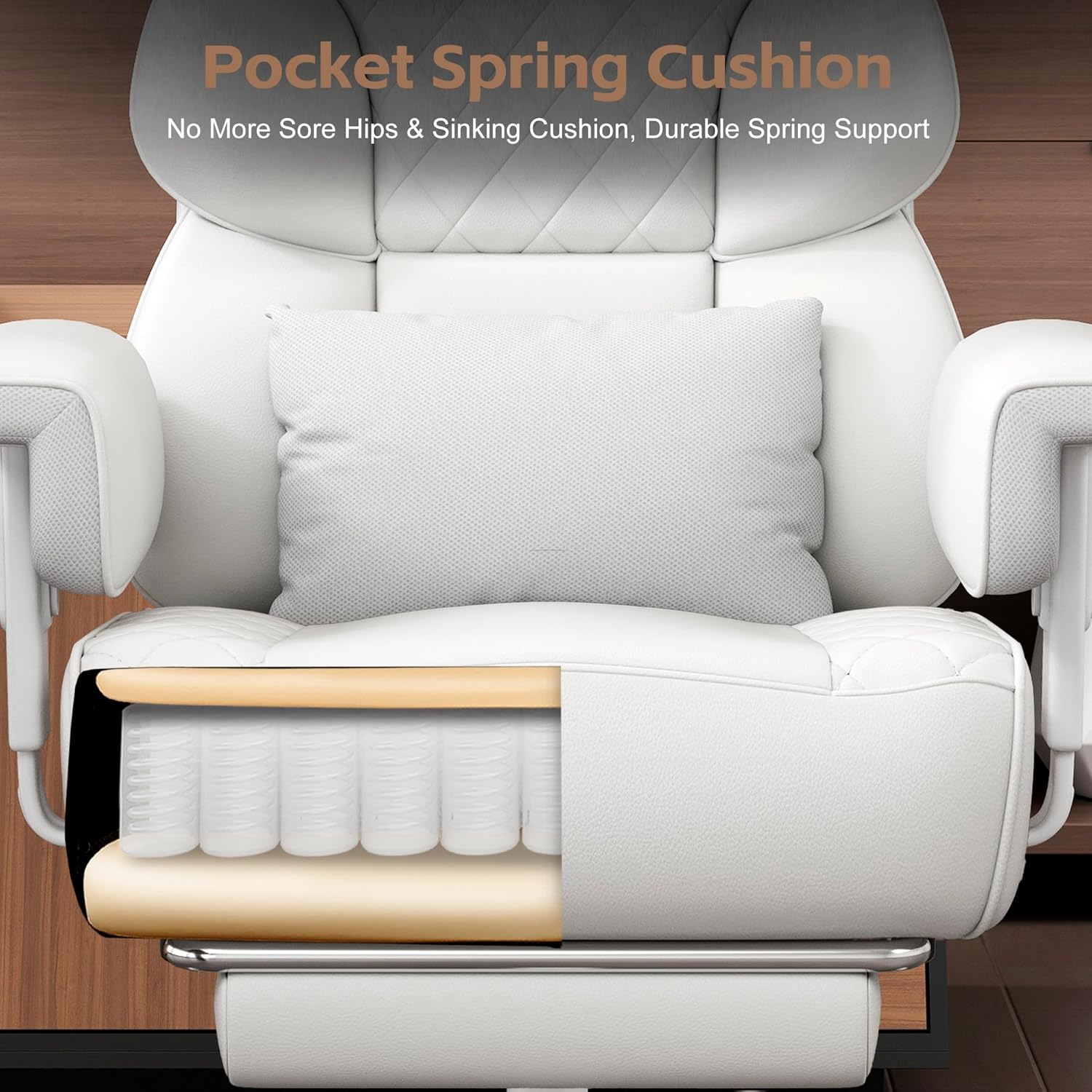 Vonesse Big and Tall Office Chair, Desk Chair with Soft Adjustable Armrests, Ergonomic High Back Gaming Chair with Lumbar Support, Executive Computer Chairs with Footrest (PU Leather, Ivory White) - Image 6