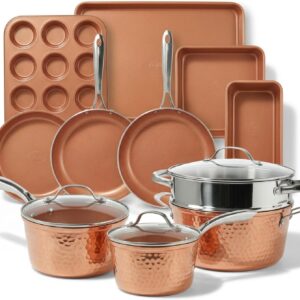 Gotham Steel Hammered 15 Pc Ceramic Cookware Set Nonstick, Induction Pots and Pans Set Non Stick with Bakeware Set & Steamer for Cooking, Non Toxic PFOA PFOS Free, Oven & Dishwasher Safe – Copper