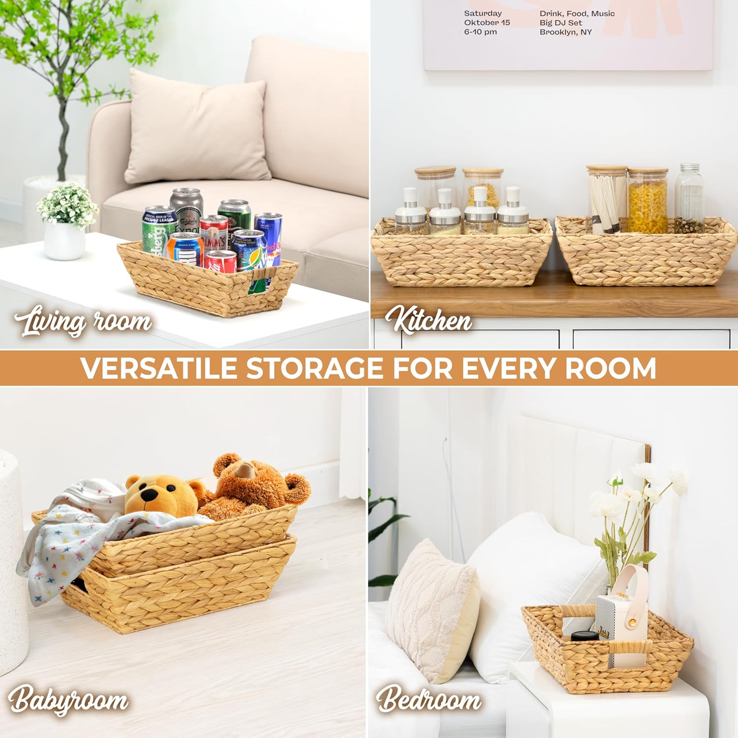 M4DECOR Set of 6 Water Hyacinth Wicker Storage Baskets for Shelves – Woven Snack Baskets for Organizing Pantry, Closet & Kitchen – Natural Storage Bins with Handles (6 Packs) - Image 3