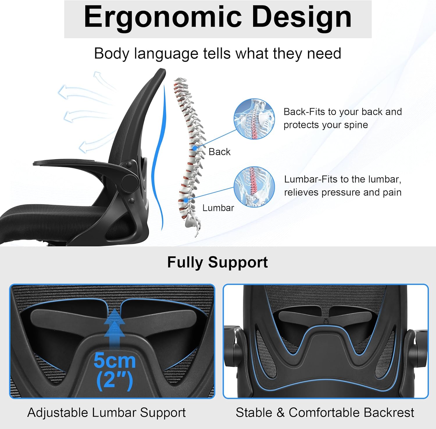 Primy Drafting Chair Tall Office Chair with Flip-up Armrests Executive Ergonomic Computer Standing Desk Chair with Lumbar Support and Adjustable Footrest Ring (Black) - Image 4
