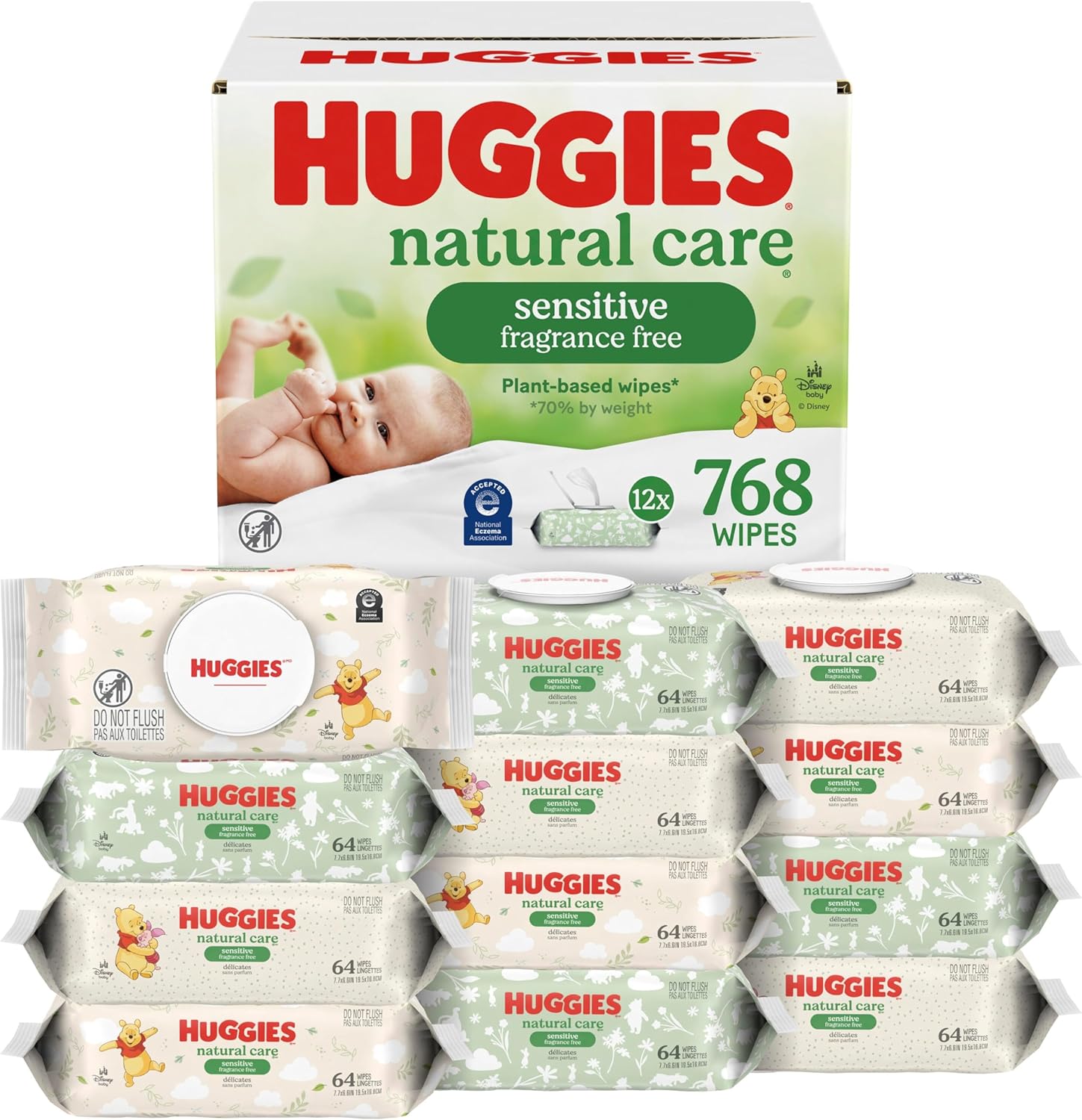 Huggies Natural Care Sensitive Baby Wipes, Unscented, Hypoallergenic, 99% Purified Water, 12 Flip-Top Packs (768 Wipes Total), Packaging May Vary Huggies Natural Care Sensitive Baby Wipes, Unscented, Hypoallergenic, 99% Purified Water, 12 Flip-Top Packs (768 Wipes Total), Packaging May Vary
