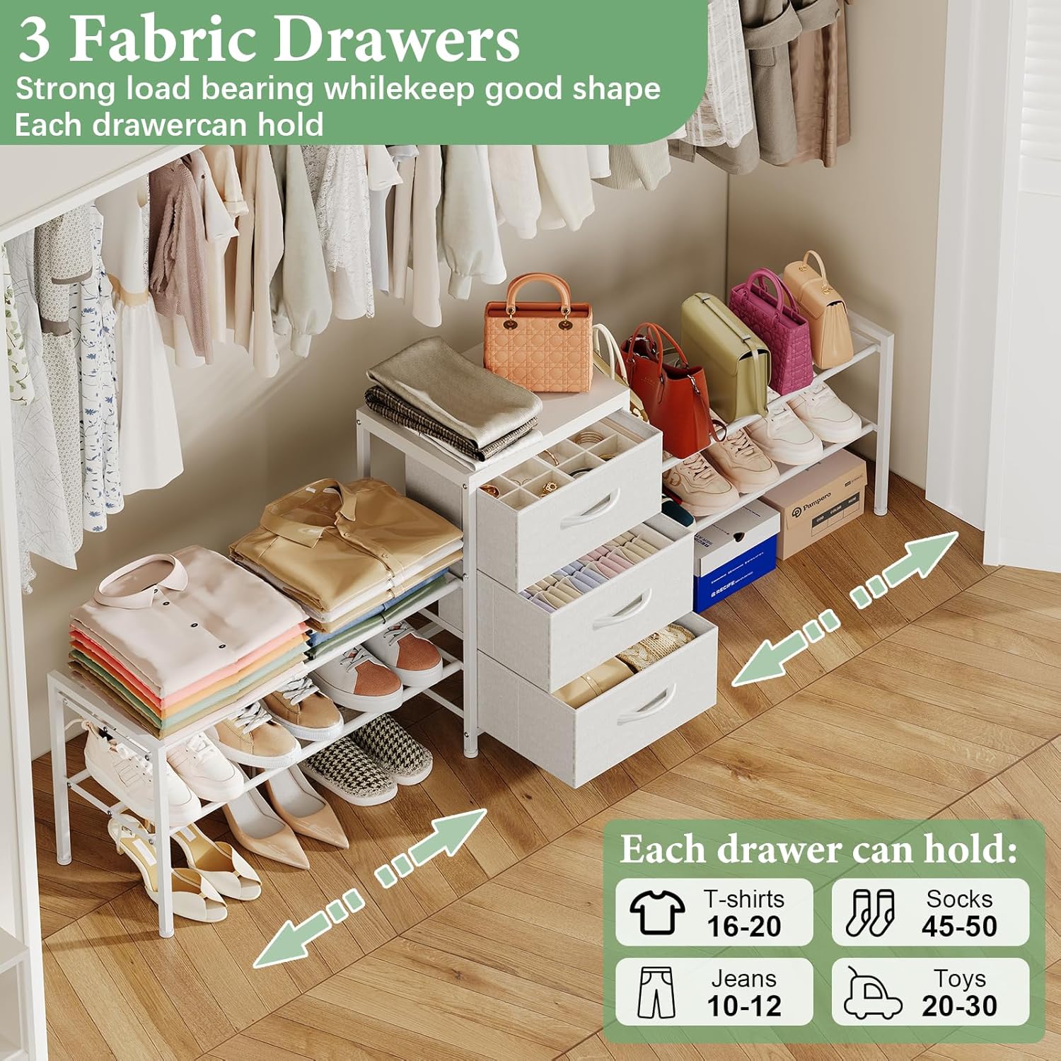 Cidaziya Expandable Closet Organizers and Storage,Wide Long 3 Drawer Dresser,White Fabric Storage Dresser, Clothes Shelves for Kids, Purse Organizer Small Shoe Rack for Closet Bedroom(47.24~71.47in) - Image 3