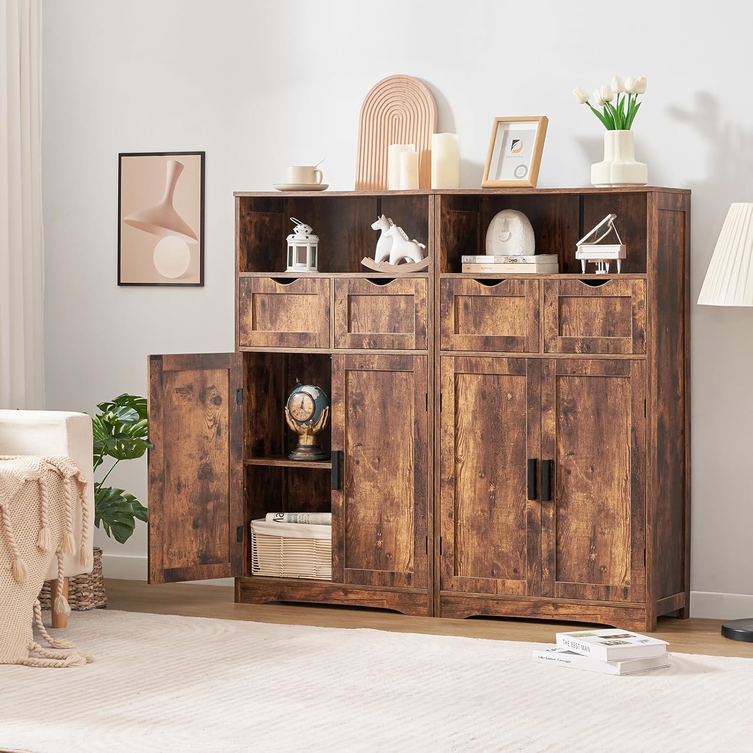 Iwell Storage Cabinet with 2 Drawers & Adjustable Shelves, Cupboard, Floor Cabinet for Living Room, Home Office, Rustic Brown - Image 9