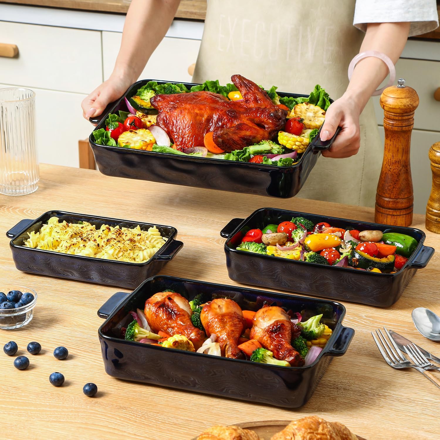 VICRAYS Ceramic Bakeware Set, Porcelain Rectangular Lasagna Pans Casserole Dish Set for Baking, Cooking, Kitchen, Cake Dinner, Banquet and Daily Use, 4 PCS, Blue(9.52"/11.06"/11.77"/14.56") - Image 6