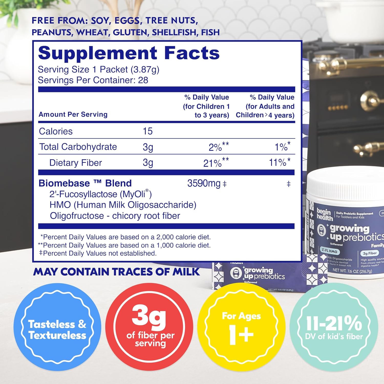 Begin Health Growing Up Prebiotics for Kids | Daily Prebiotic Fiber Supplement with 2'-FL HMO | Supports Regularity & Gut Health | Unflavored Powder | Ages 1+ | 56 Servings - Image 2