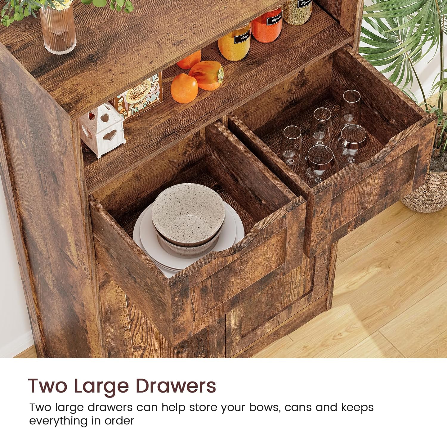 Iwell Storage Cabinet with 2 Drawers & Adjustable Shelves, Cupboard, Floor Cabinet for Living Room, Home Office, Rustic Brown - Image 6