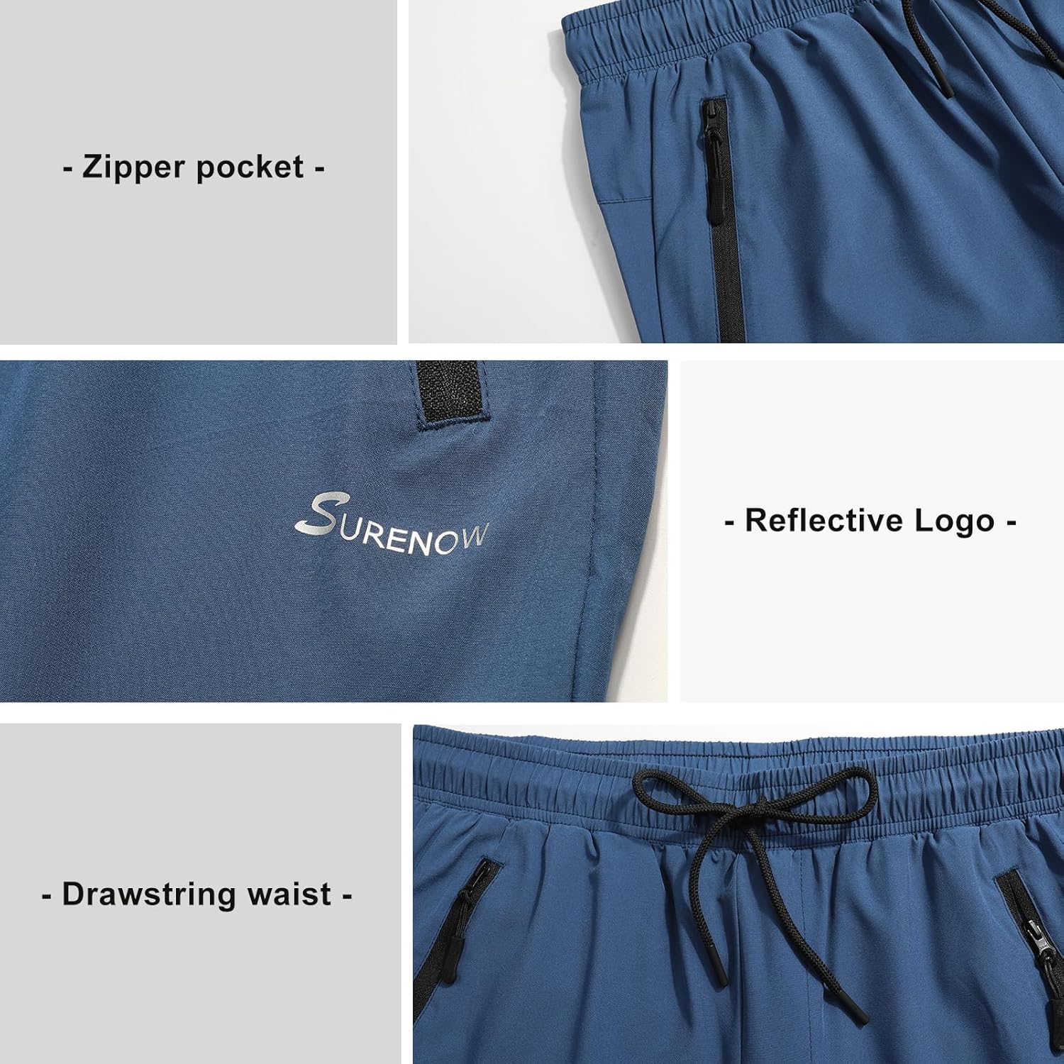Surenow Men's Athletic Pants Elastic Waist Quick-Dry Lightweight Pants Workout Outdoor Sweatpants with Zipper Pockets - Image 3