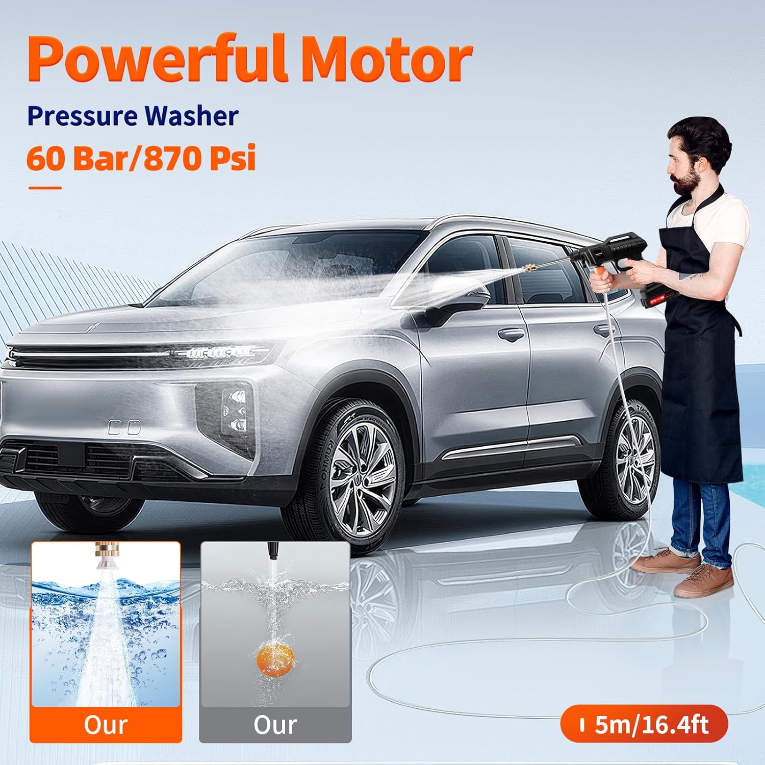 Cordless Pressure Washer, 1500W Portable Power Washer, Rechargeable Battery Pressure Washer with 5M Hose & 3 Nozzles, Electric Pressure Washers for Car Patio Garden Cleaning Watering - Image 3