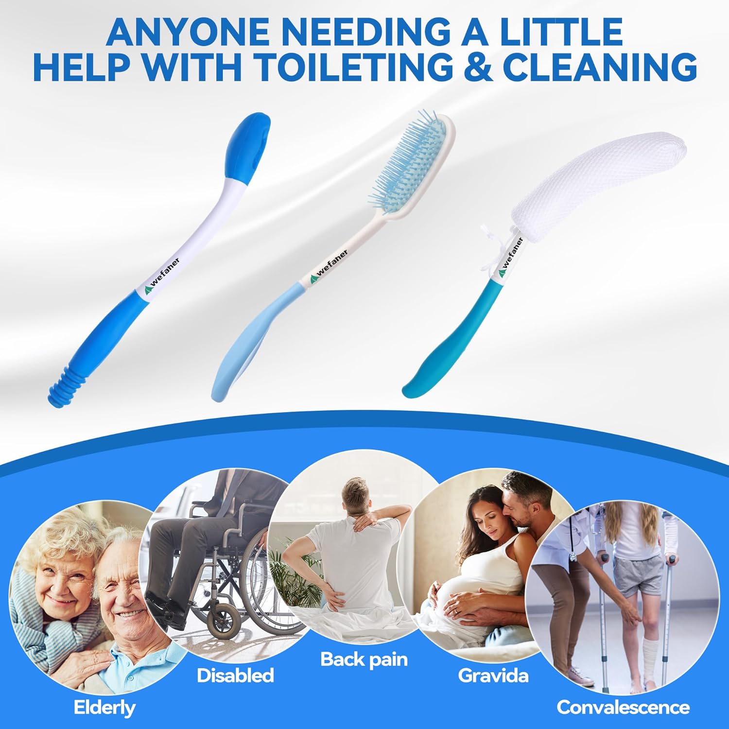 Wefaner Toilet Aids Set for Wiping - Long Handle Butt Wiper, Anti-Slip Curved Handle Bath Body Brush and Curve Hair Brush for People Overweight, Elderly and Disabled People(3PCS Personal Hygiene Kit) - Image 7