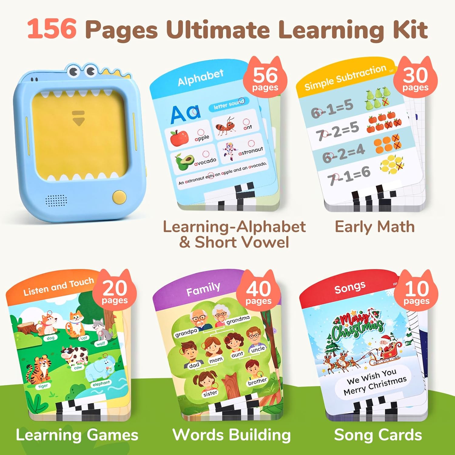JoyCat Kids Learning Tablet, Phonics Talking Flash Cards, Learn to Read with 156 Pages, 40+ Themes, 600+ Words, 100+ Interactive Games, Screen-Free Toddler Learning Toys Gifts for 2-6 Year Old - Image 2