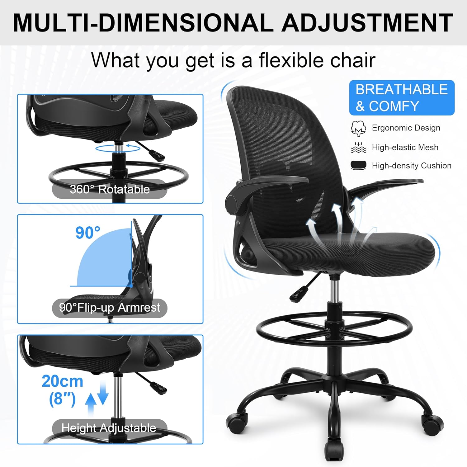 Primy Drafting Chair Tall Office Chair with Flip-up Armrests Executive Ergonomic Computer Standing Desk Chair with Lumbar Support and Adjustable Footrest Ring (Black) - Image 7