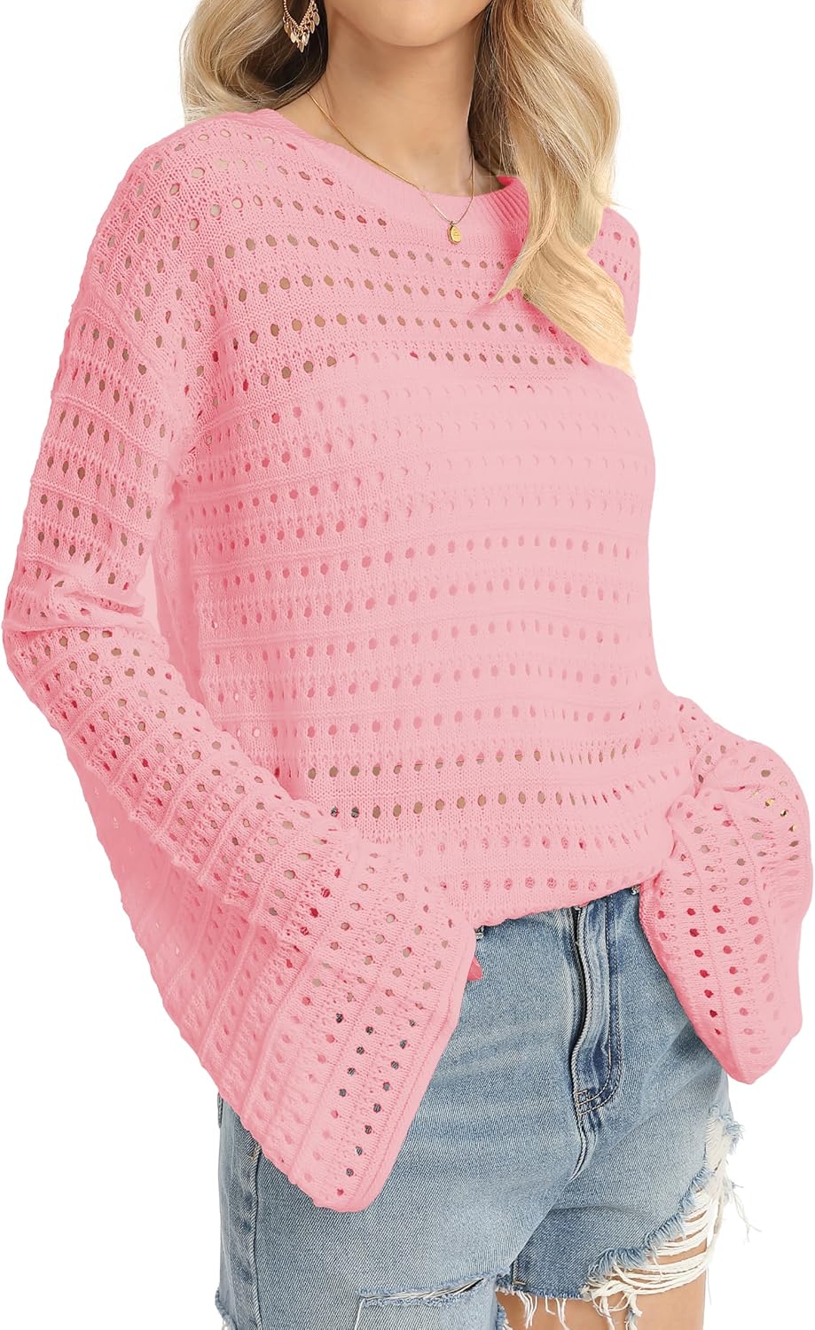 QUALFORT Womens Crochet Sweaters Long Sleeve Lightweight Hollow Out Knit Casual Soft Pullover Spring Summer Tops - Image 2