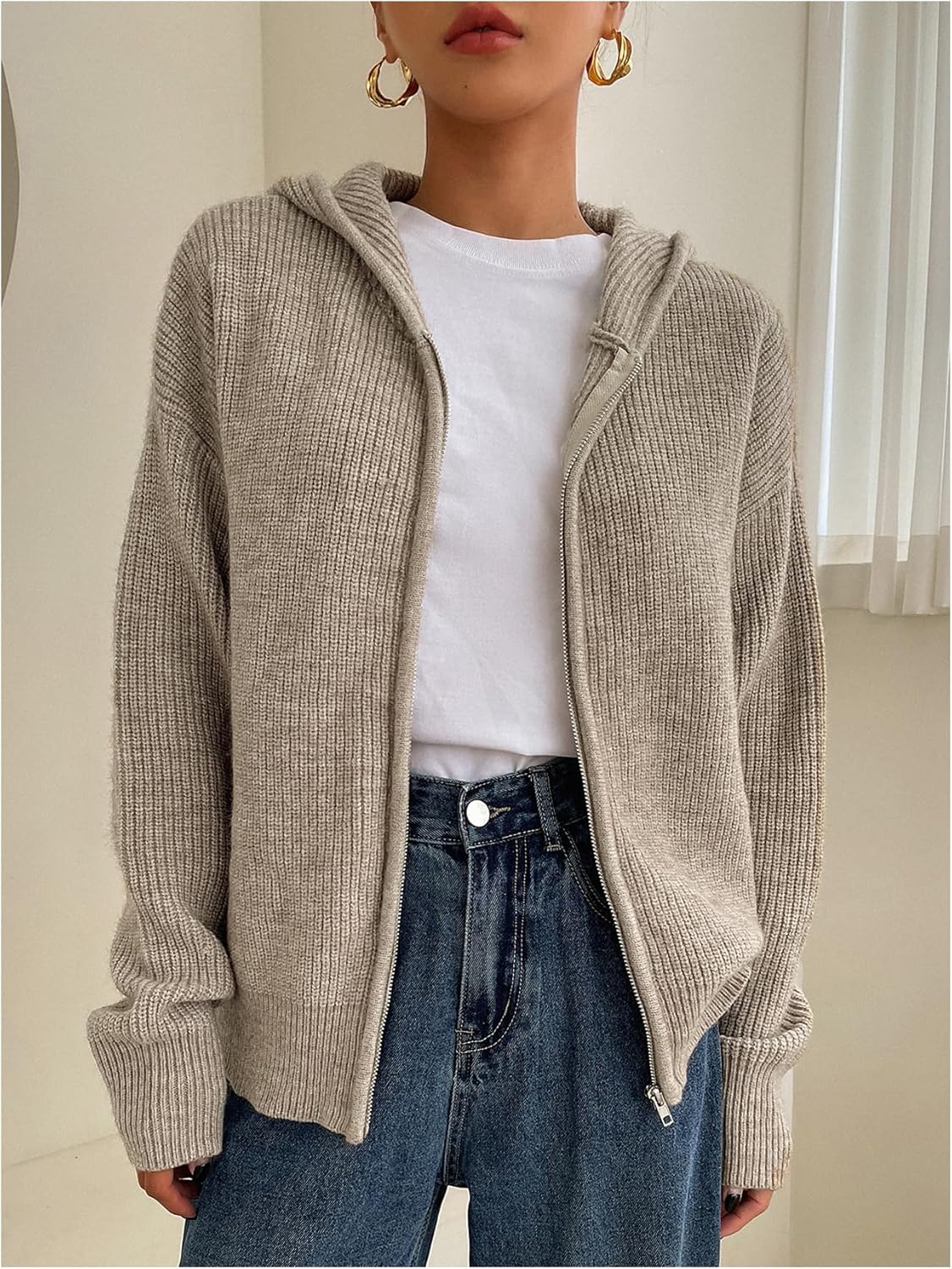 SOLY HUX Zip Up Cardigan for Women Hooded Cardigan Sweater Knitted Drop Shoulder Fall Clothes Winter Hoodies Outerwear - Image 3
