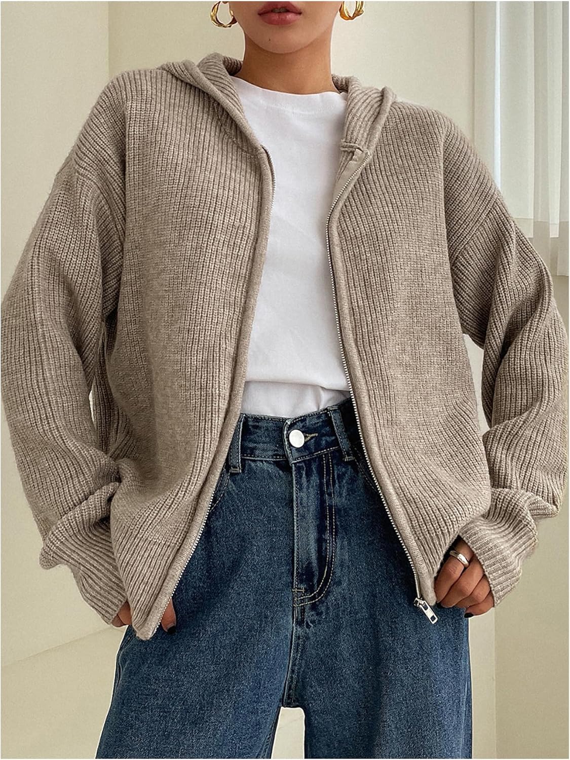 SOLY HUX Zip Up Cardigan for Women Hooded Cardigan Sweater Knitted Drop Shoulder Fall Clothes Winter Hoodies Outerwear - Image 4