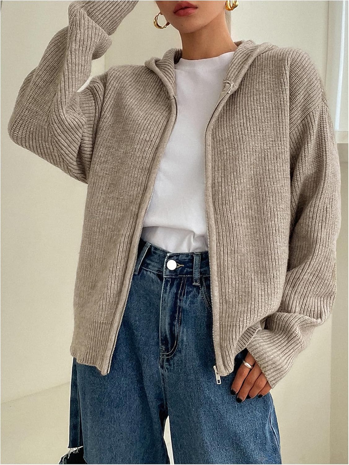 SOLY HUX Zip Up Cardigan for Women Hooded Cardigan Sweater Knitted Drop Shoulder Fall Clothes Winter Hoodies Outerwear - Image 5