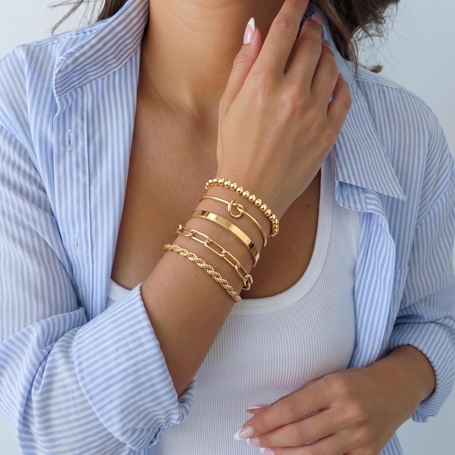 Gokeey Gold Bracelets Set for Women Non Tarnish, Waterproof 14K Gold Plated Sterling Silver Chunky Cuff Bracelet Stackable Gold Bangles Bracelet for Women Trendy Fashion Accessories Tie Knot Cuban Rope Paperclip Beaded Bracelet Stack Jewelry Mothers Day Gifts for Mom Birthday - Image 5
