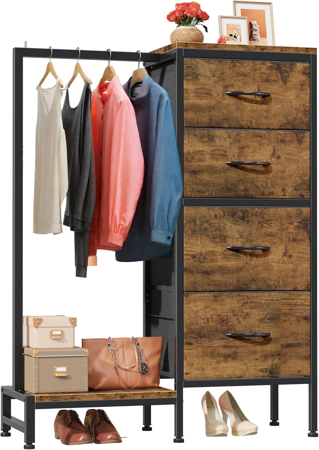 HIGDBFE Dresser with Hanging Rack, 4 Drawers Small Closet for Bedroom, Reversible Fabric Kids Chest of Drawers with Clothes Rack, Tall Storage Tower, Sturdy Frame, Rustic Brown, 44”H HIGDBFE Dresser with Hanging Rack, 4 Drawers Small Closet for Bedroom, Reversible Fabric Kids Chest of Drawers with Clothes Rack, Tall Storage Tower, Sturdy Frame, Rustic Brown, 44”H