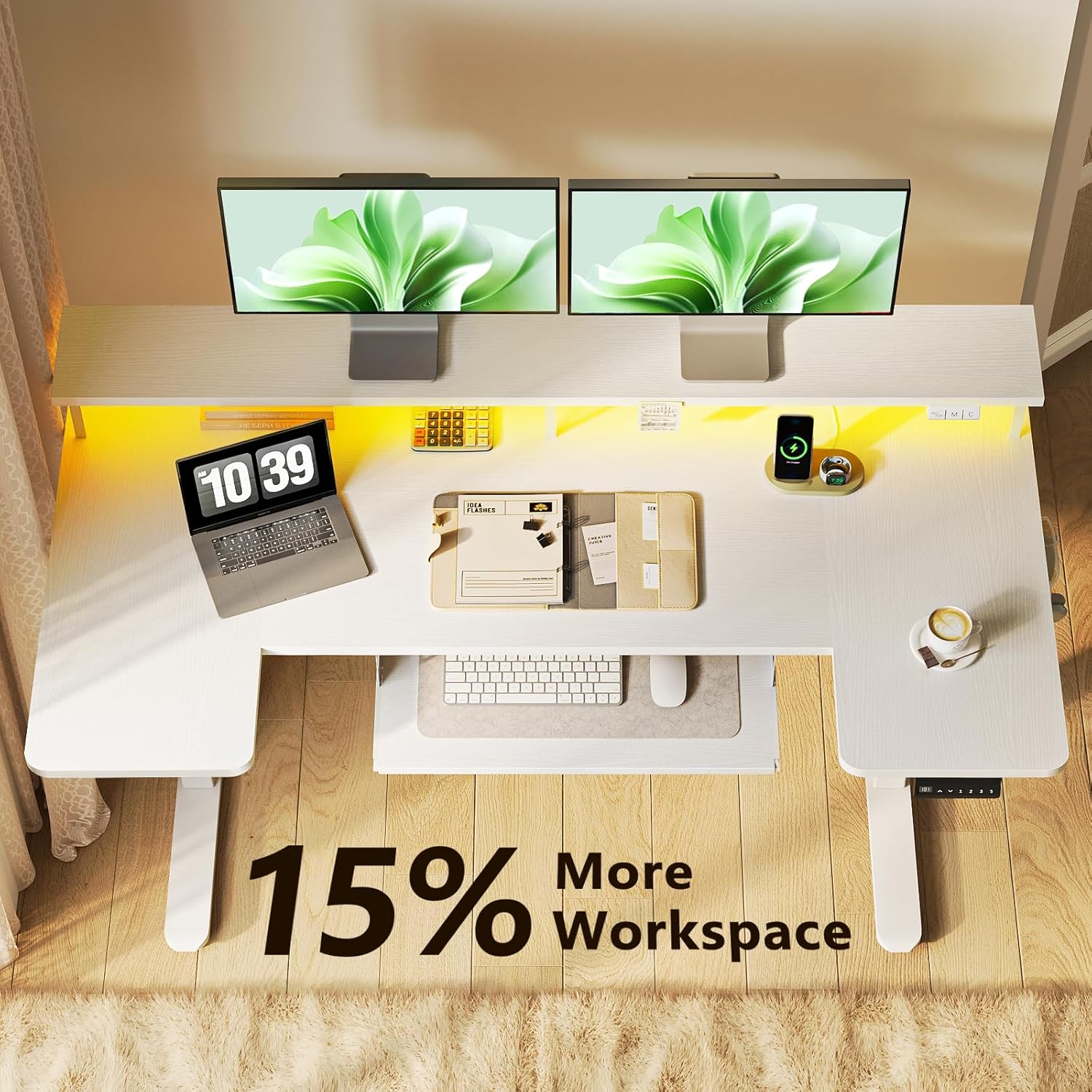 OffiGo U Shaped Electric Standing Desk with Keyboard Tray, 55 Inch Height Adjustable Desk with Power Outlets & LED Lights, Sit Stand Table with Monitor Stand for Home, Office, White - Image 5