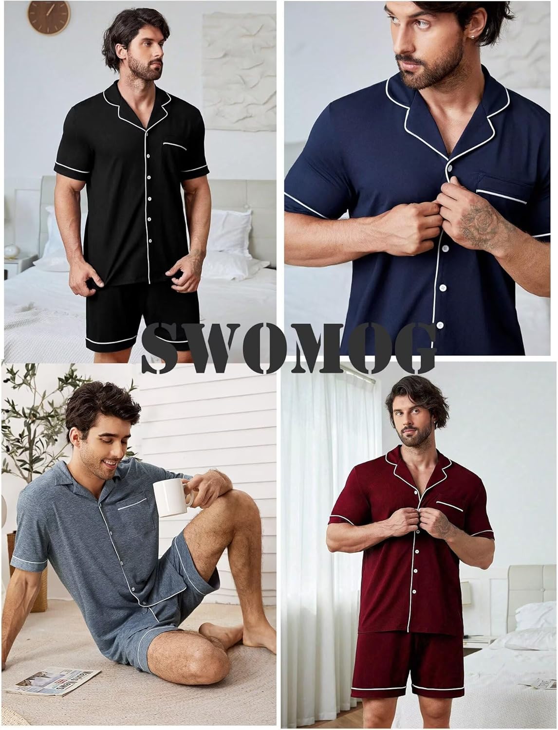 SWOMOG Mens Pajama Set Short Sleeve 2 PCS Sleepwear Button Down Soft Loungewear Modal Set Pj Set with Pockets S-3XL - Image 4