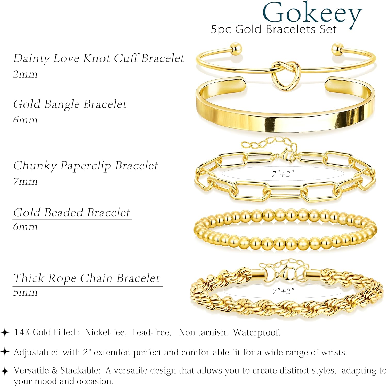 Gokeey Gold Bracelets Set for Women Non Tarnish, Waterproof 14K Gold Plated Sterling Silver Chunky Cuff Bracelet Stackable Gold Bangles Bracelet for Women Trendy Fashion Accessories Tie Knot Cuban Rope Paperclip Beaded Bracelet Stack Jewelry Mothers Day Gifts for Mom Birthday - Image 3
