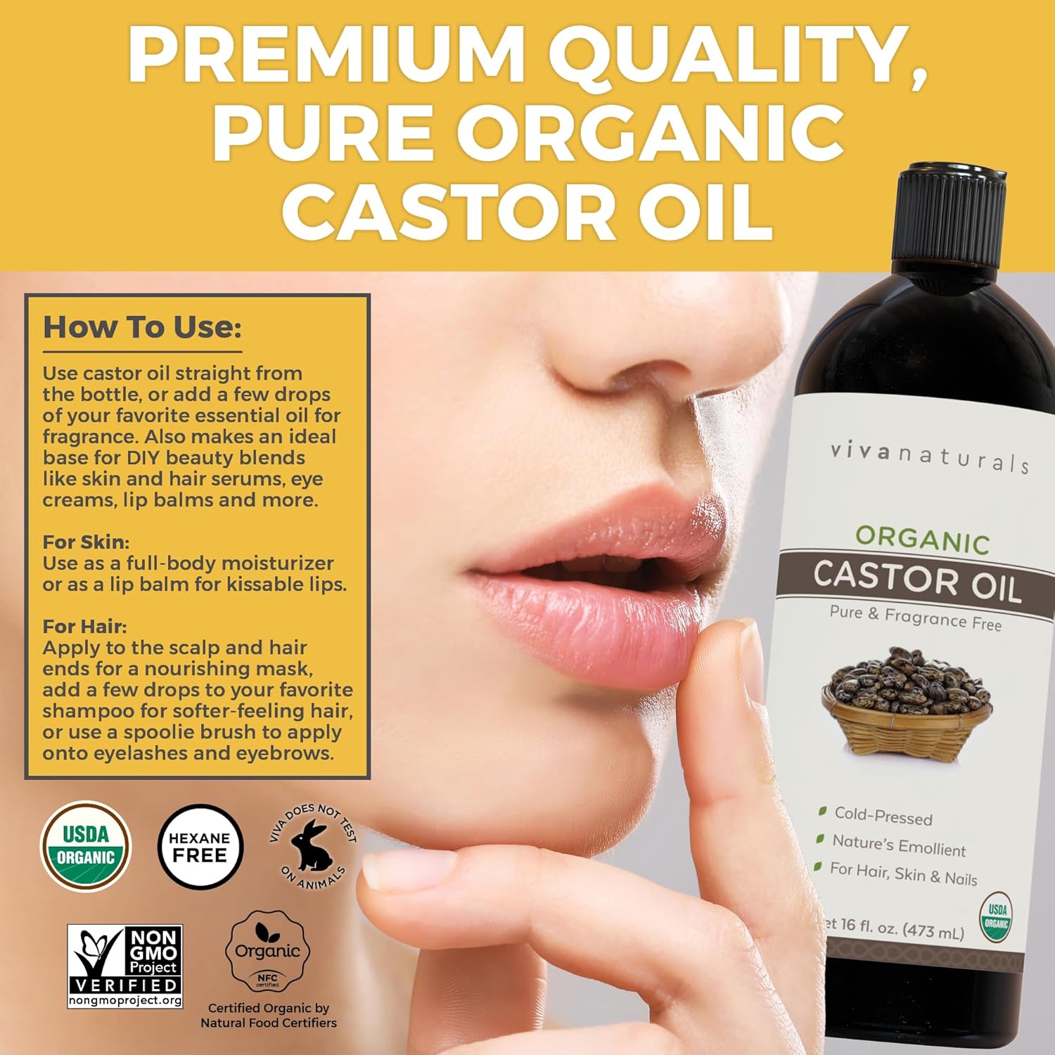 Viva Naturals Organic Castor Oil, Cold-Pressed, 16 fl oz – For Face, Hair, Eyelashes, USDA Organic, Non-GMO - With Beauty Kit - Image 6