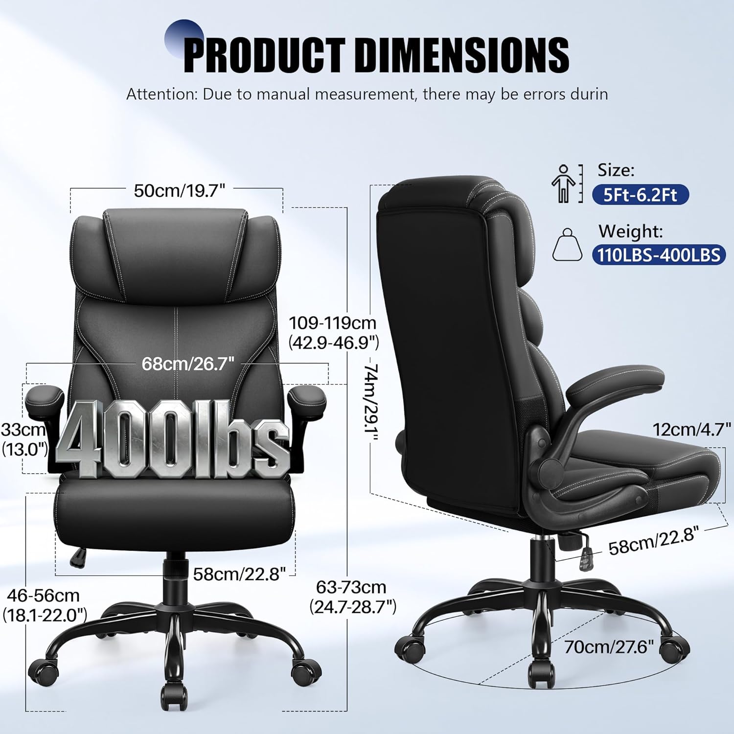 Primy Office Chair, Ergonomic Leather Desk Chair with Flip-up Armrests, Big and Tall High Back Executive Computer & Gaming Chair with Footrest, Comfy Padded, Rocking Function and Lumbar Support(Black) - Image 2