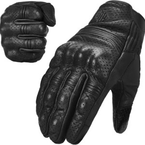 ILM Goatskin Leather Motorcycle Motorbike Powersports Racing Gloves Touchscreen for Men and Women Model DN01(L, Black Perforated)