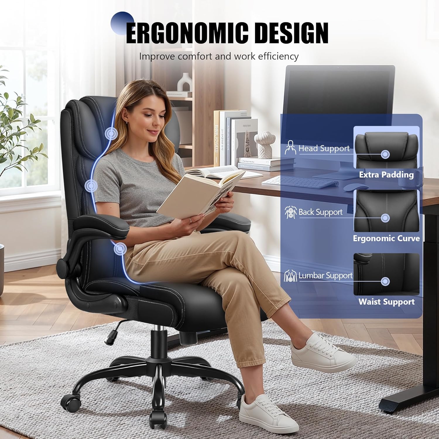 Primy Office Chair, Ergonomic Leather Desk Chair with Flip-up Armrests, Big and Tall High Back Executive Computer & Gaming Chair with Footrest, Comfy Padded, Rocking Function and Lumbar Support(Black) - Image 6