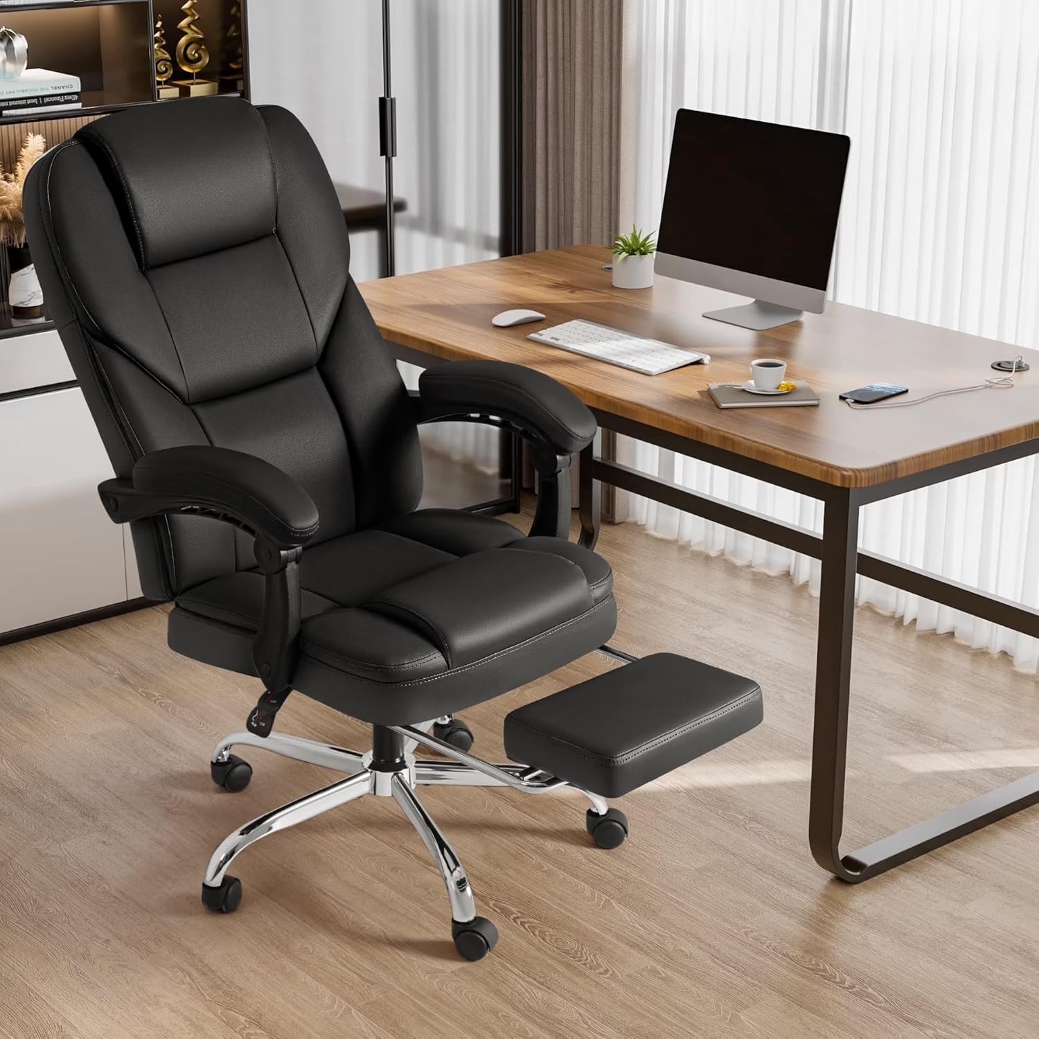 Shahoo Executive Office Chair with Massage, Ergonomic Reclining High Back Leather Seats with Footrest and Lumbar Support, Big and Tall, 400Lbs Heavy Duty, Dark Black - Image 2