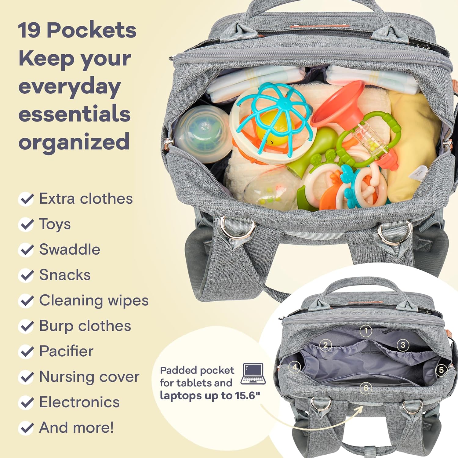 RUVALINO Diaper Bag Backpack-Multifunction Travel Baby Diaper Bag with Changing Pad, Insulated Bottle Holders & Pacifier Case, Large Capacity, Waterproof, Gray - Image 5