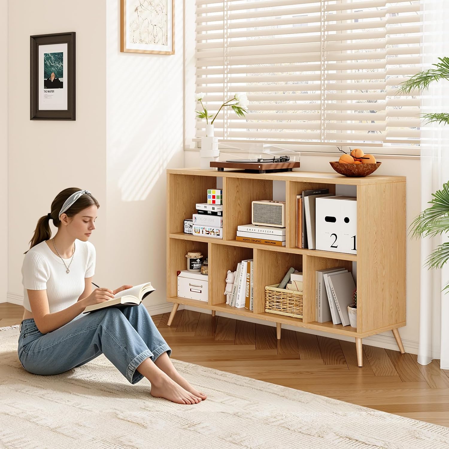 7-Cube Storage Organizer with Natural Wood Legs, Mid-Century Modern Bookcase and Display Cabinet, Freestanding Toy Storage Bookshelf for Living Room, Kids Room and Bedroom, Natural - Image 5